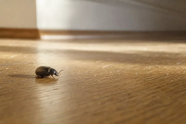Kleiner schwarzer Käfer auf hellem Parkettboden in der Wohnung
