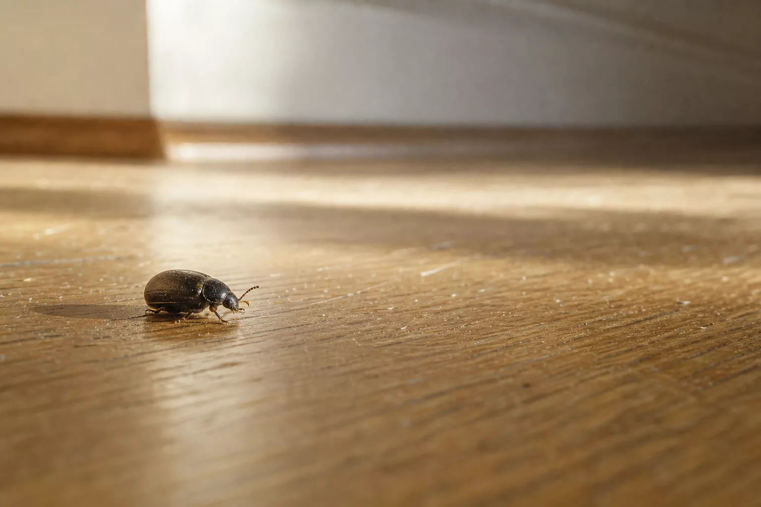 Kleiner schwarzer Käfer auf hellem Parkettboden in der Wohnung