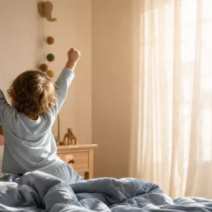 Kleinkind wacht morgens gemütlich im hellen Kinderzimmer auf