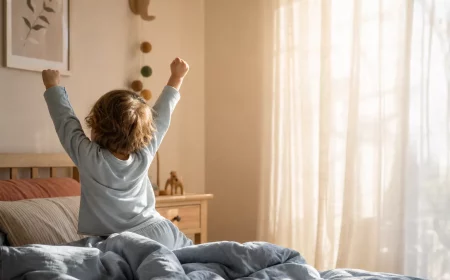 Kleinkind wacht morgens gemütlich im hellen Kinderzimmer auf