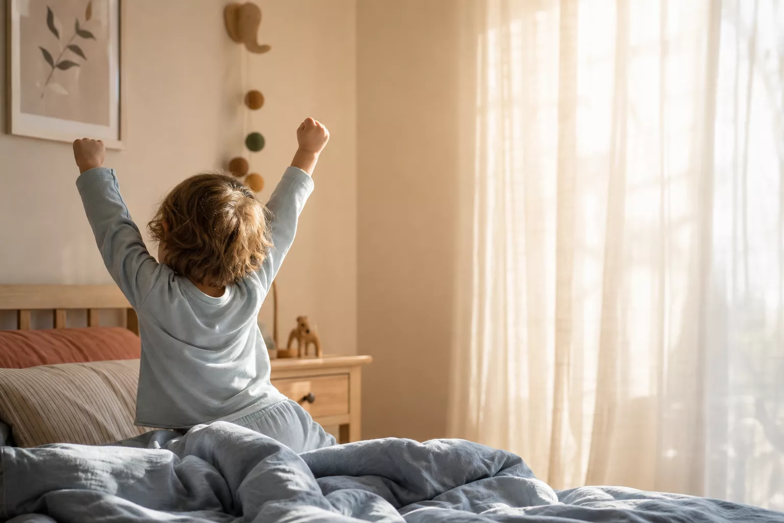 Kleinkind wacht morgens gemütlich im hellen Kinderzimmer auf