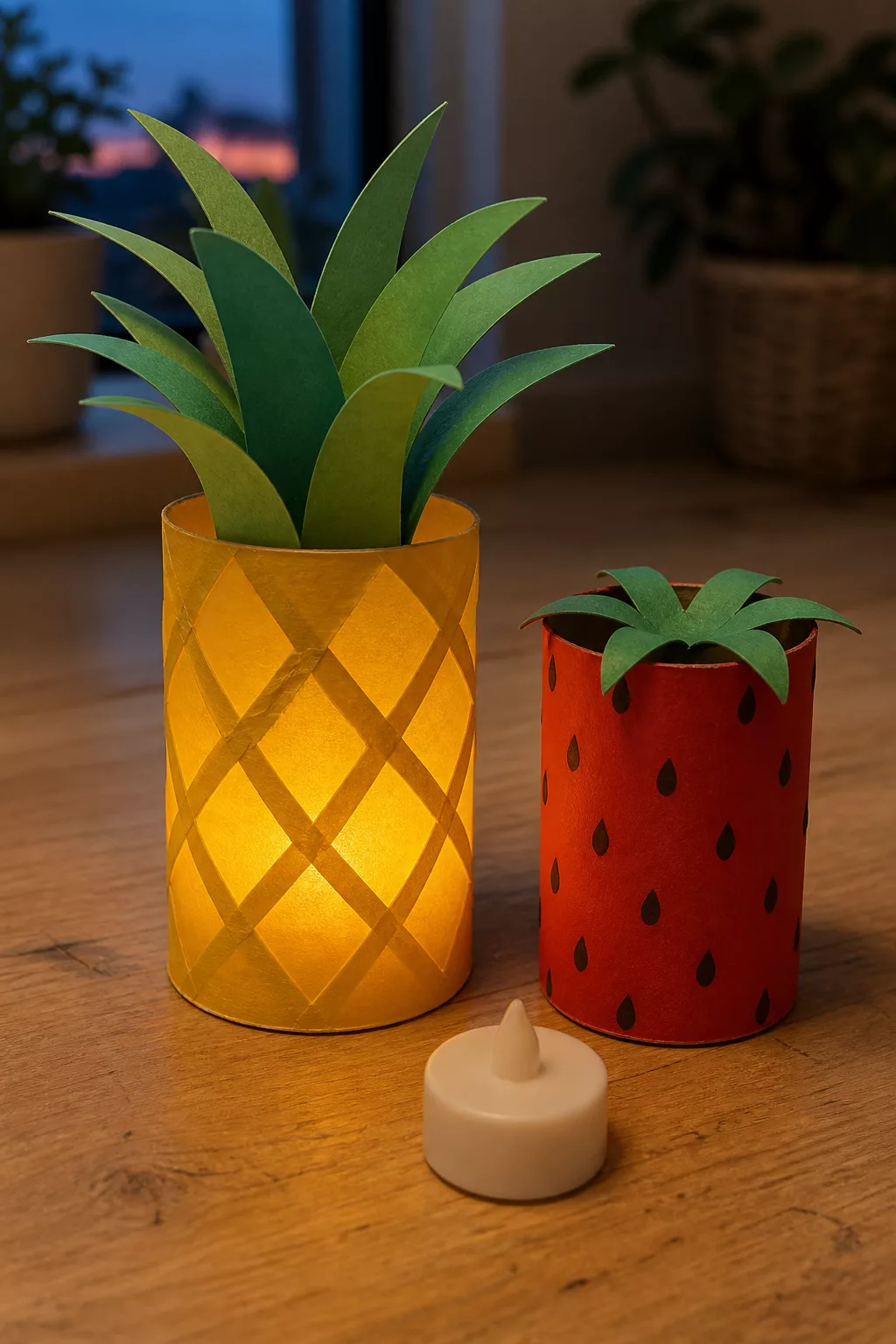 Ananas-Windlicht aus einer Klopapierrolle leuchtet neben Erdbeer-Rolle