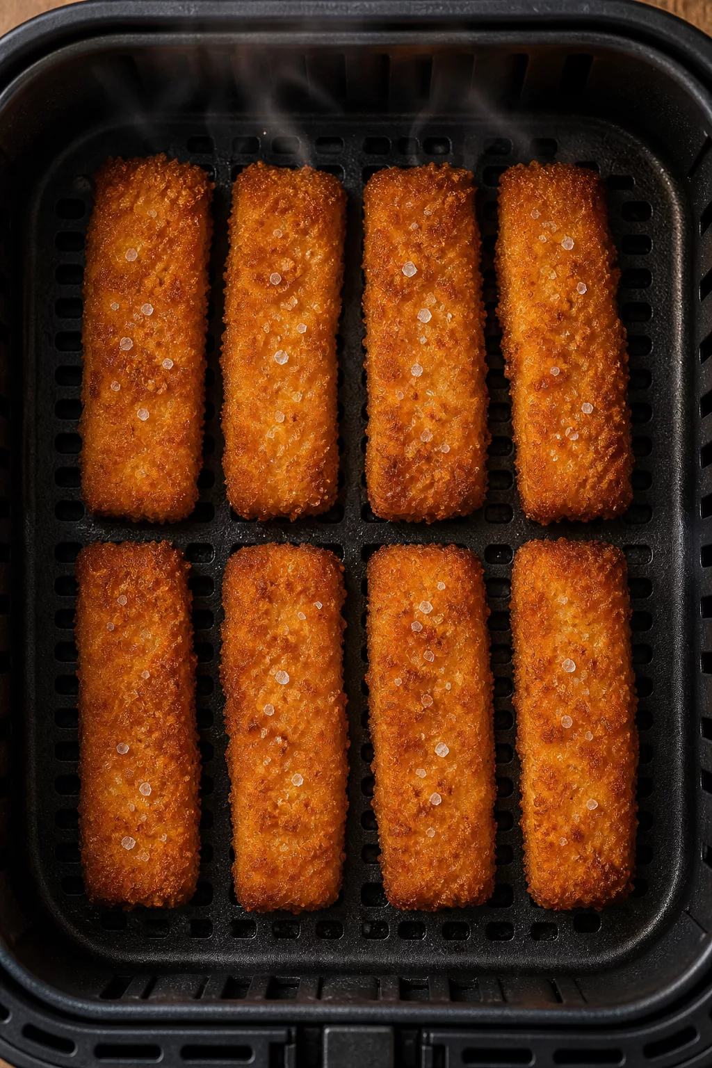 Knusprig frittierte Fischstäbchen frisch aus dem Airfryer