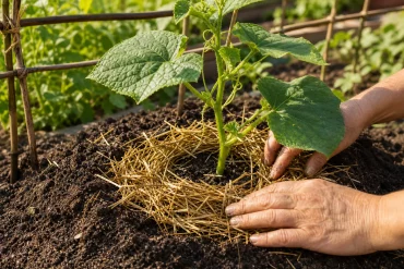 Hände legen einen Mulchring aus Stroh um eine Gurkenpflanze