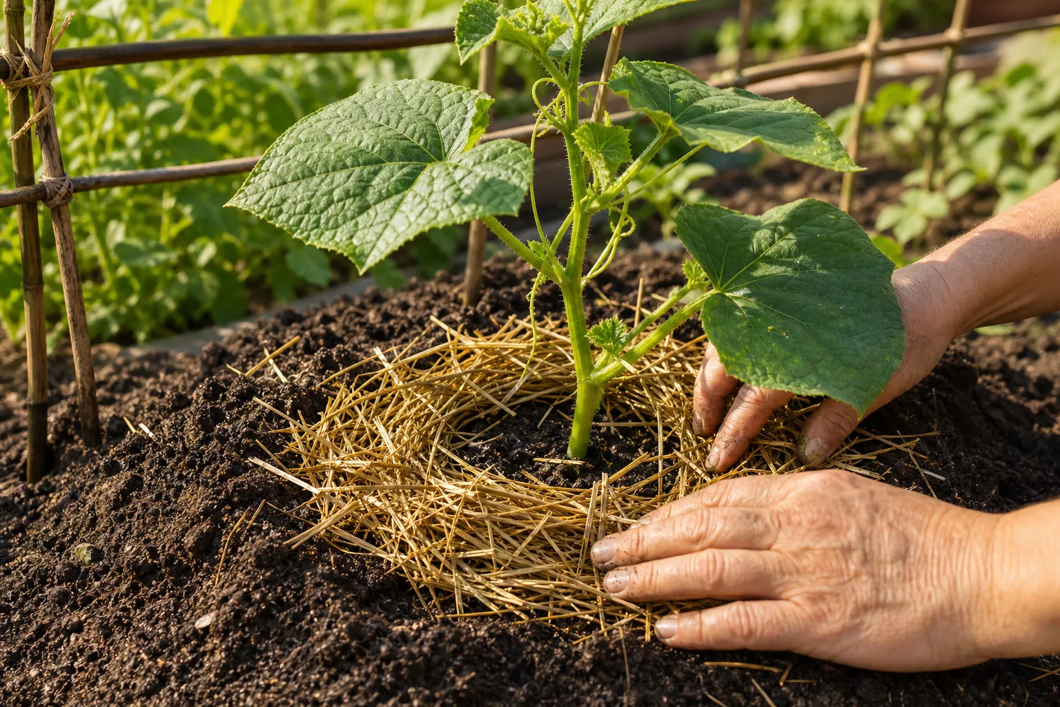 Hände legen einen Mulchring aus Stroh um eine Gurkenpflanze