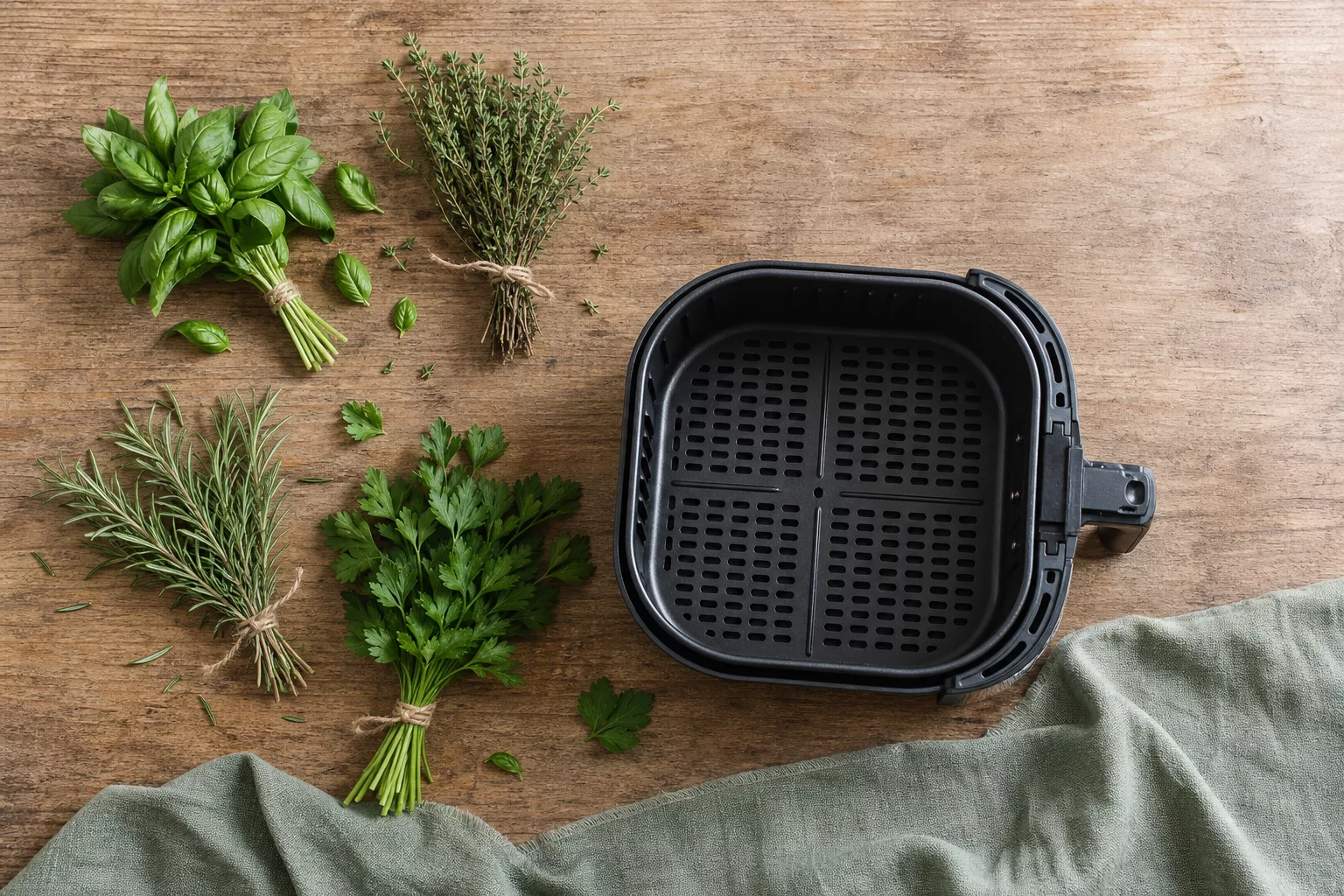Frische Kräuterbüschel und Airfryer-Korb als Zutaten-Flatlay auf Holztisch