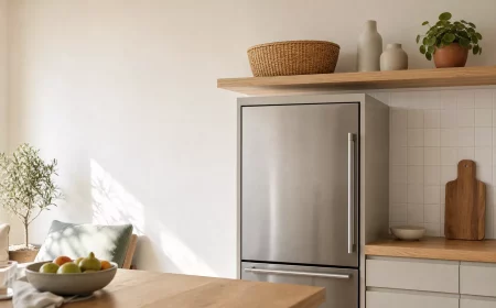 Platz über dem Kühlschrank nutzen mit offenem Holzregal und Körben