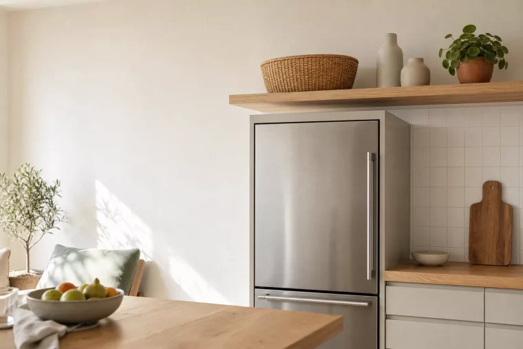 Platz über dem Kühlschrank nutzen mit offenem Holzregal und Körben