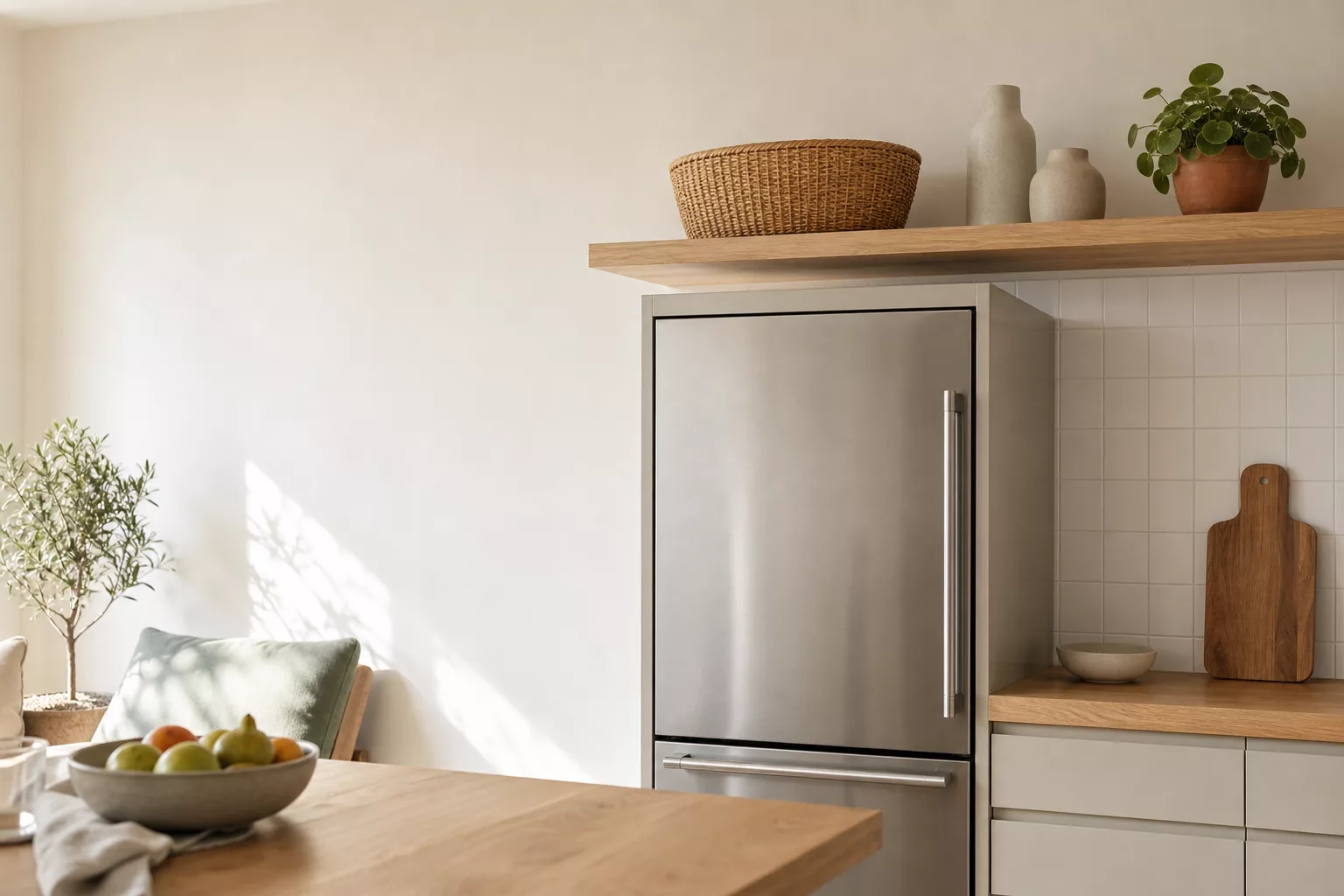 Platz über dem Kühlschrank nutzen mit offenem Holzregal und Körben