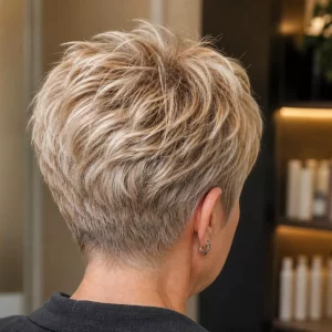 Kurzhaarfrisuren ab 50: voluminöser Pixie Cut mit blonden Strähnchen