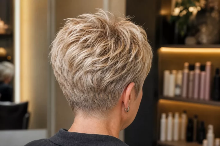 Kurzhaarfrisuren ab 50: voluminöser Pixie Cut mit blonden Strähnchen