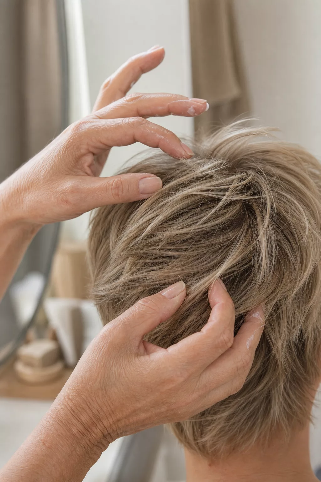 Fingerspitzen formen texturierten Pixie-Cut mit sichtbaren Lagen am Oberkopf