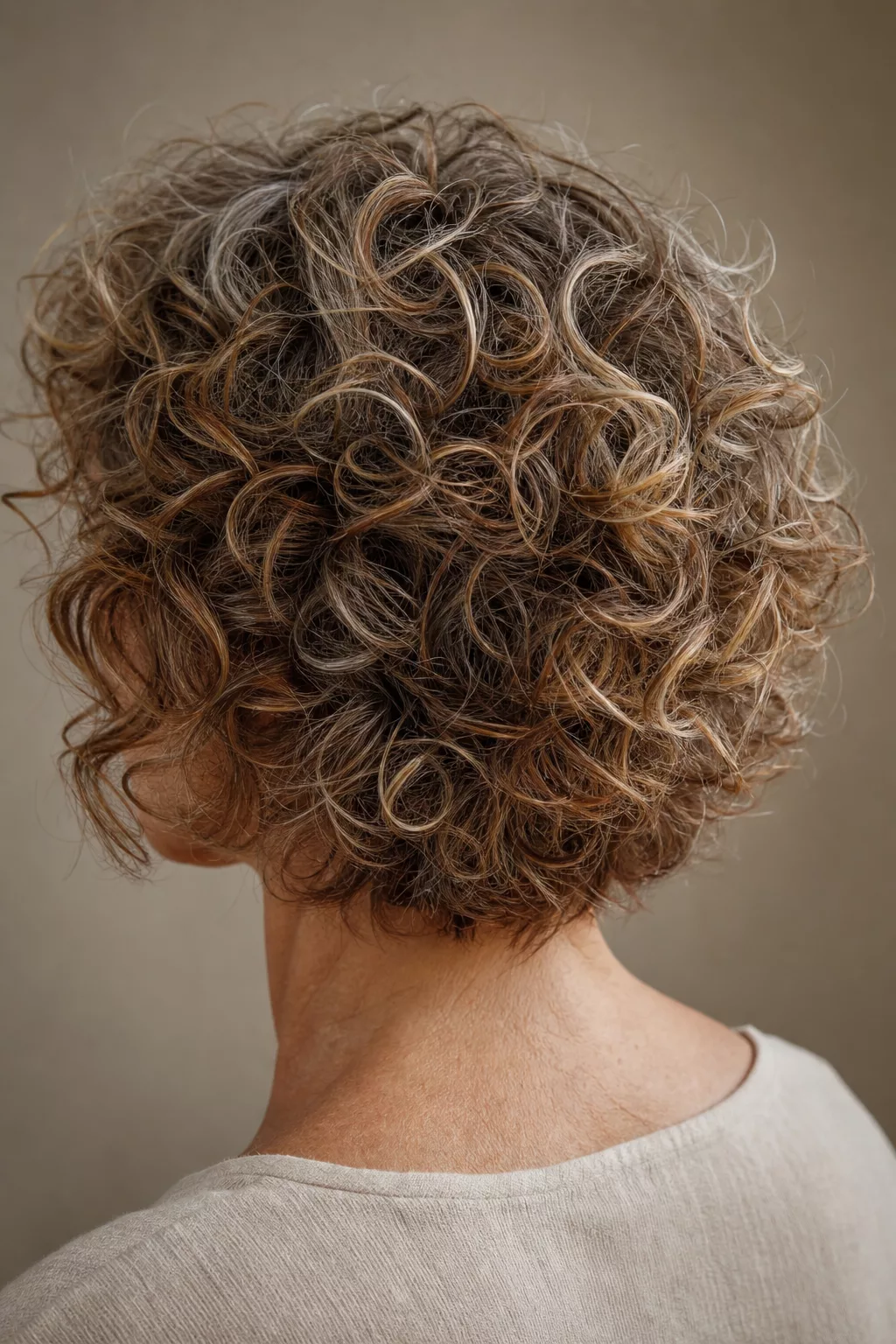 Kurzer lockiger Shag-Haarschnitt mit definierten Naturlocken von der Seite
