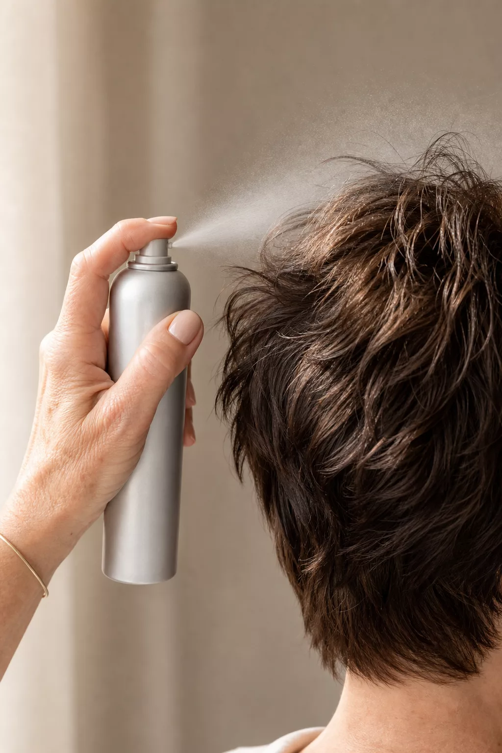 Hand sprüht Texturspray in einen kurzen, zerzausten Boycut-Haarschnitt