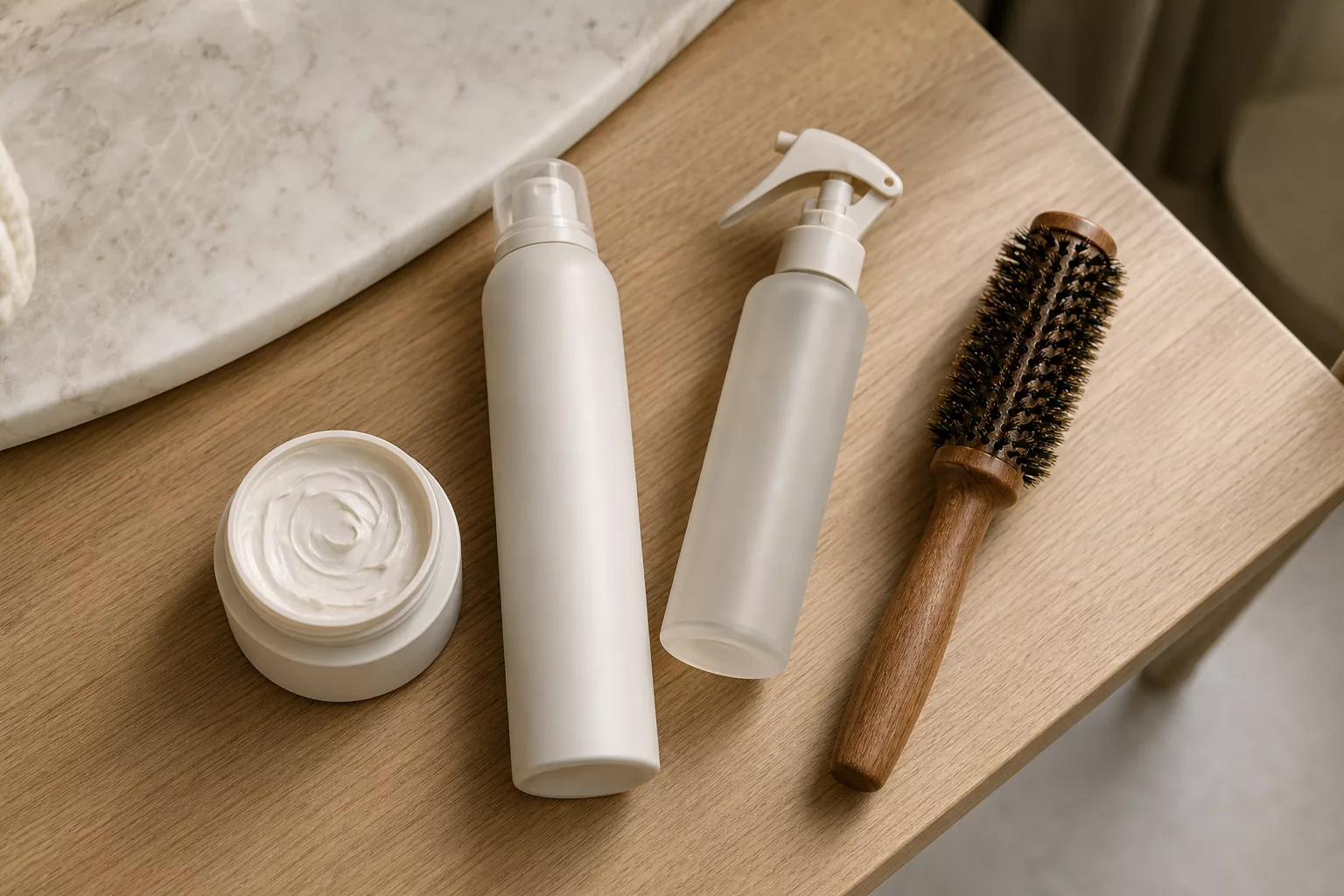 Pflegeleichte Kurzhaarfrisuren ab 50: Flatlay mit Strukturcreme, Mousse und Spray