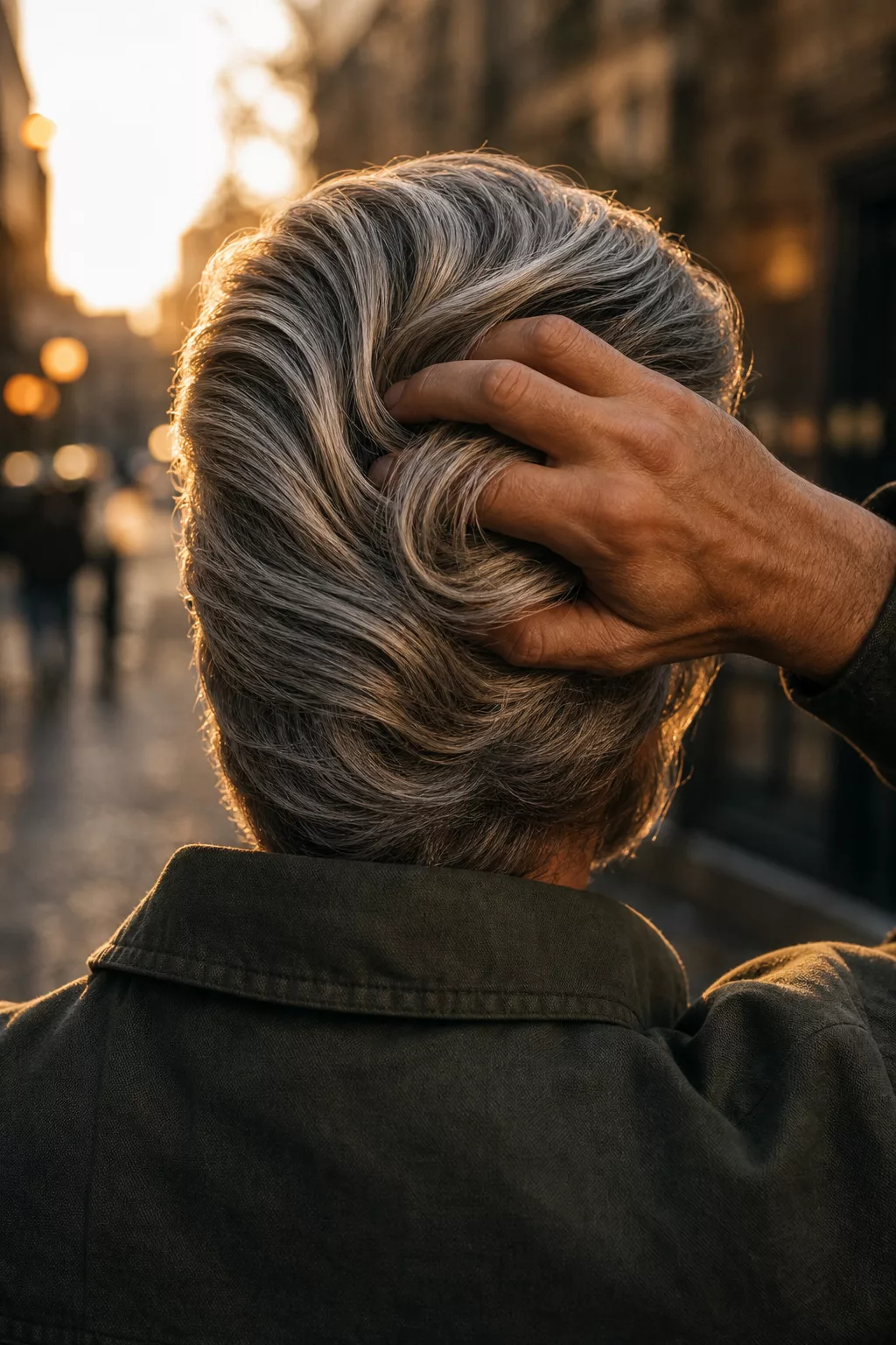 Lange graue Haare nach hinten gekämmt im Hollywood-Look