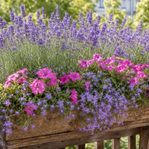 Lavendel mit bunten Begleitpflanzen im sonnigen Balkonkasten