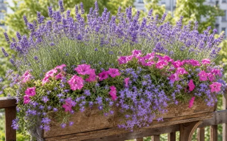 Lavendel mit bunten Begleitpflanzen im sonnigen Balkonkasten