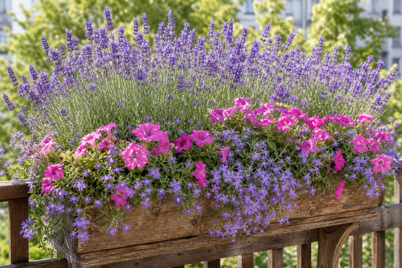 Lavendel mit bunten Begleitpflanzen im sonnigen Balkonkasten