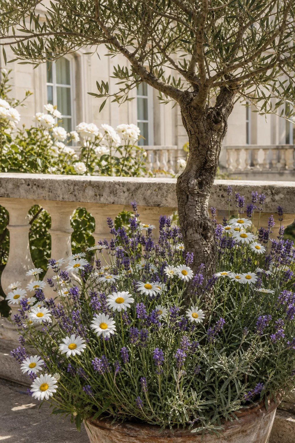 Weiße Margeriten und Lavendel vor mediterranem Balkongeländer