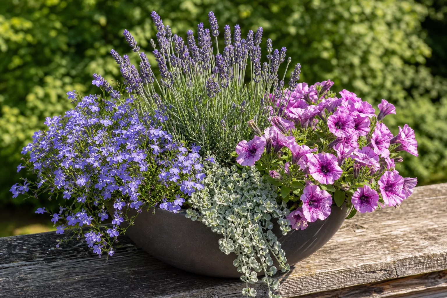 Lavendel, Petunien und Lobelien in violetter Schale kombiniert