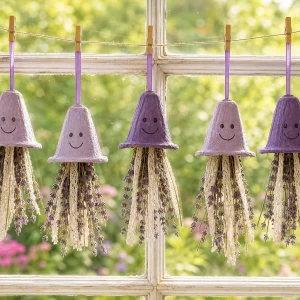 Lavendel-Qualle aus Eierkarton hängt vor sonnigem Sommerfenster