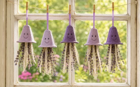 Lavendel-Qualle aus Eierkarton hängt vor sonnigem Sommerfenster