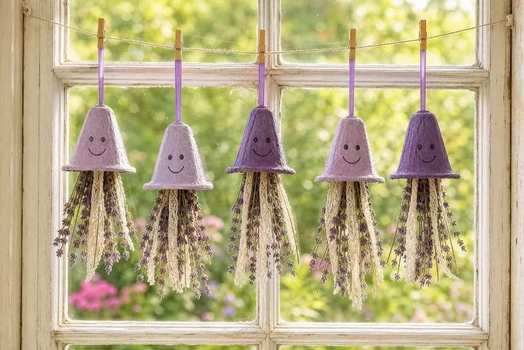Lavendel-Qualle aus Eierkarton hängt vor sonnigem Sommerfenster