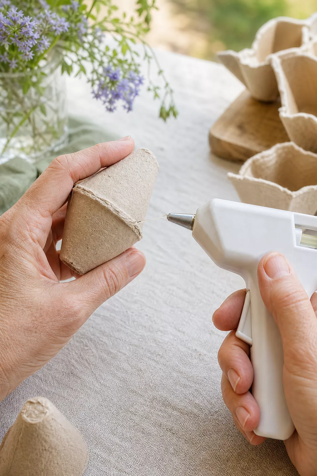 Erwachsene Hand verklebt Eierkarton-Kegel mit Heißkleber