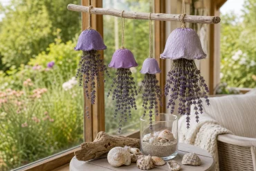 Verschieden große Lavendel-Quallen als maritime Sommerdeko am Fenster
