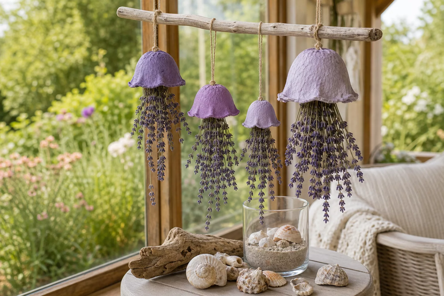 Verschieden große Lavendel-Quallen als maritime Sommerdeko am Fenster