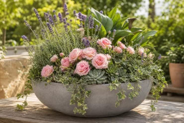 Rosa Rosen und Lavendel in großer Schale mit Sukkulenten
