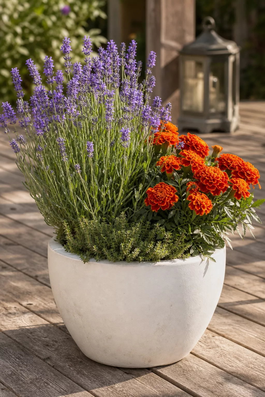 Orangefarbene Tagetes neben Lavendel und Thymian im Kübel