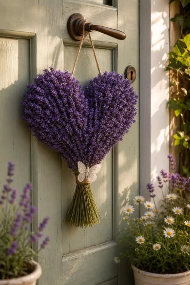 Reines Blütenherz aus Lavendel hängt als Türdeko