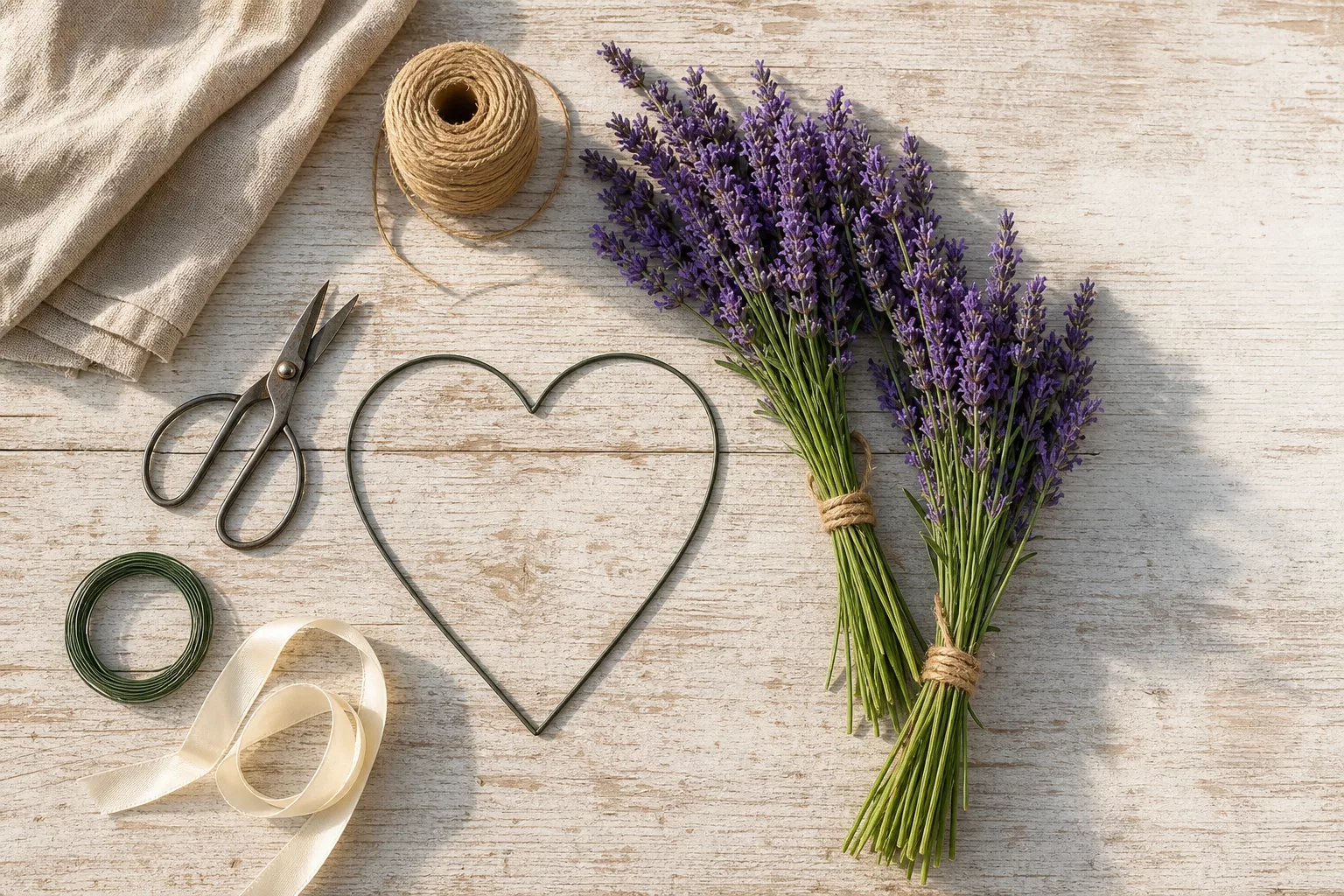 Material für ein Lavendelherz: Draht, Jutekordel, Schere und Lavendel