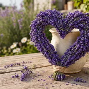 Lavendelherz selber machen: fertiges Herz aus Lavendel auf Gartentisch