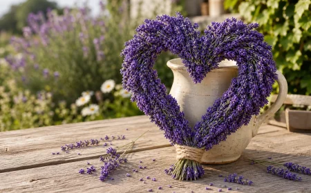 Lavendelherz selber machen: fertiges Herz aus Lavendel auf Gartentisch