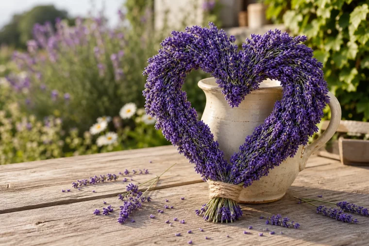 Lavendelherz selber machen: fertiges Herz aus Lavendel auf Gartentisch