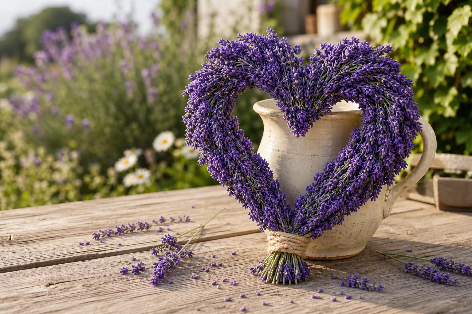 Lavendelherz selber machen: fertiges Herz aus Lavendel auf Gartentisch