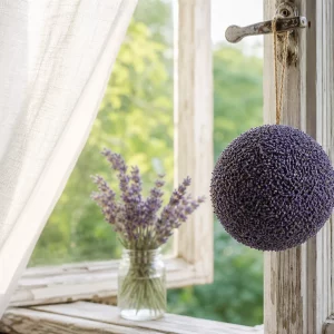 Lavendelkugel basteln als Hängedeko vor sonnigem Fenster