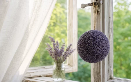 Lavendelkugel basteln als Hängedeko vor sonnigem Fenster