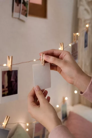 Kleine Fotoklammern an der Lichterkette ersetzen die klassische Pinnwand.