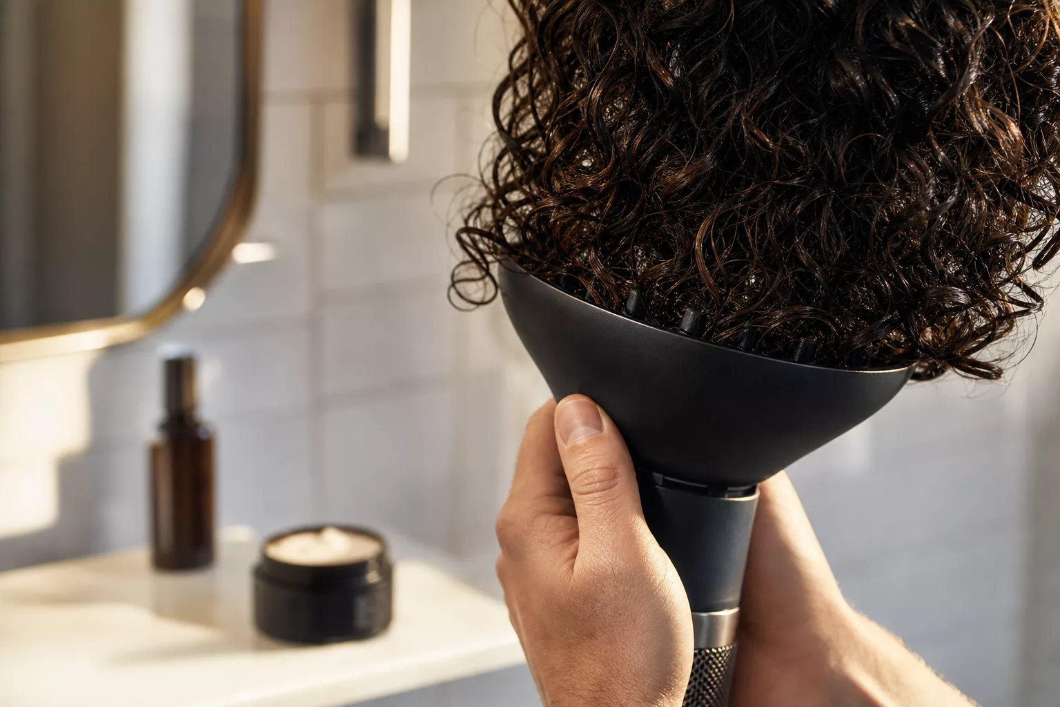 Diffusor-Aufsatz föhnt lockiges Haar für definierte Locken