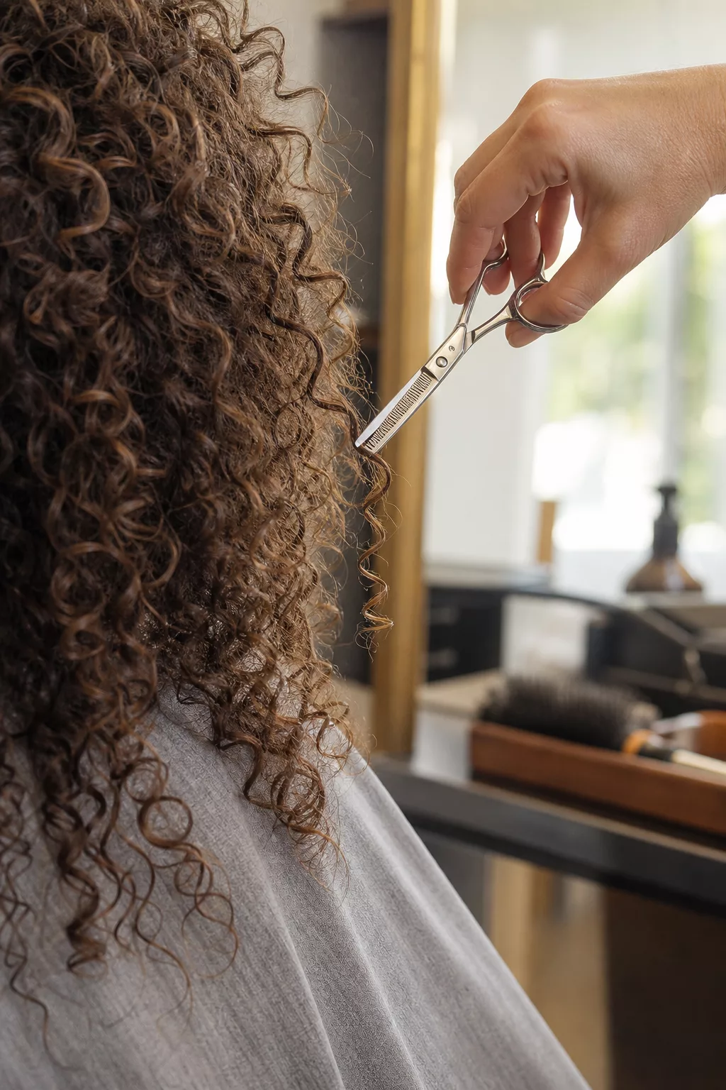 Friseurhand schneidet eine trockene Locke an den Spitzen