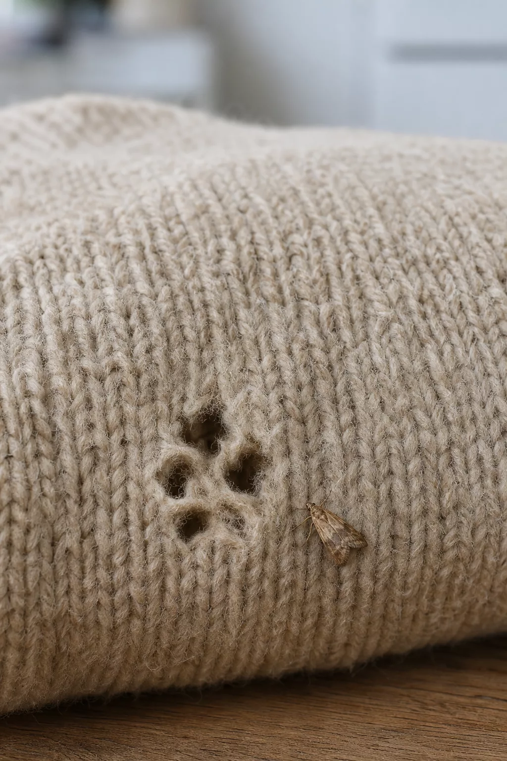 Mottenloch und kleine Kleidermotte auf grob gestricktem Wollpullover