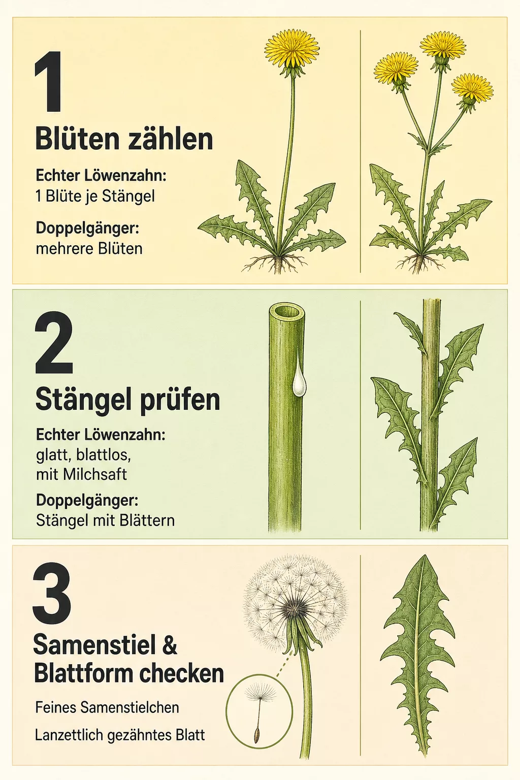 Grafik mit drei Schritten zur sicheren Löwenzahn-Bestimmung