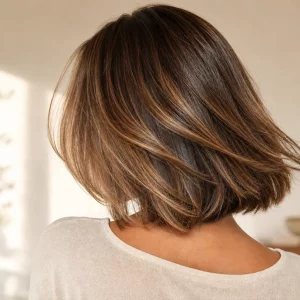 Long Bob Frisuren 2026: glänzender Schnitt in Bewegung von hinten