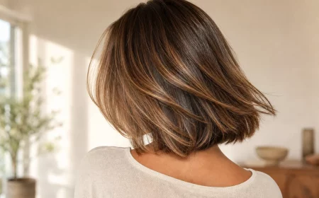Long Bob Frisuren 2026: glänzender Schnitt in Bewegung von hinten