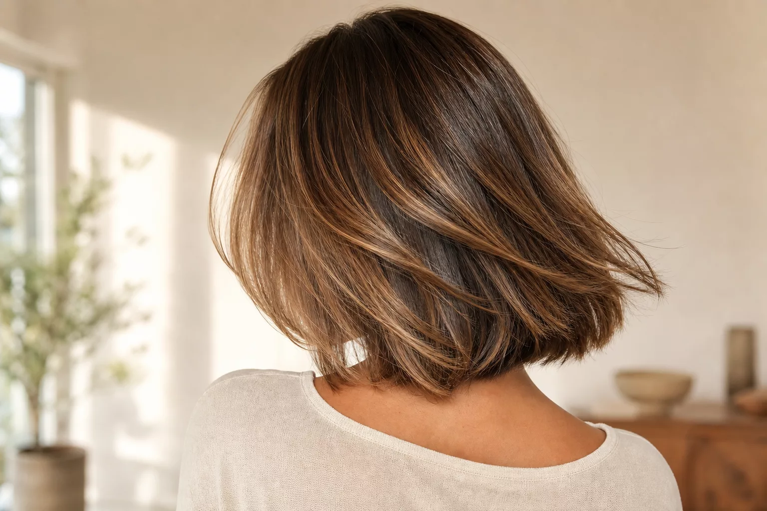 Long Bob Frisuren 2026: glänzender Schnitt in Bewegung von hinten
