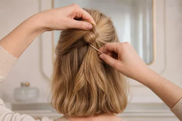 Hände stecken einen Long Bob zum Half Bun hoch